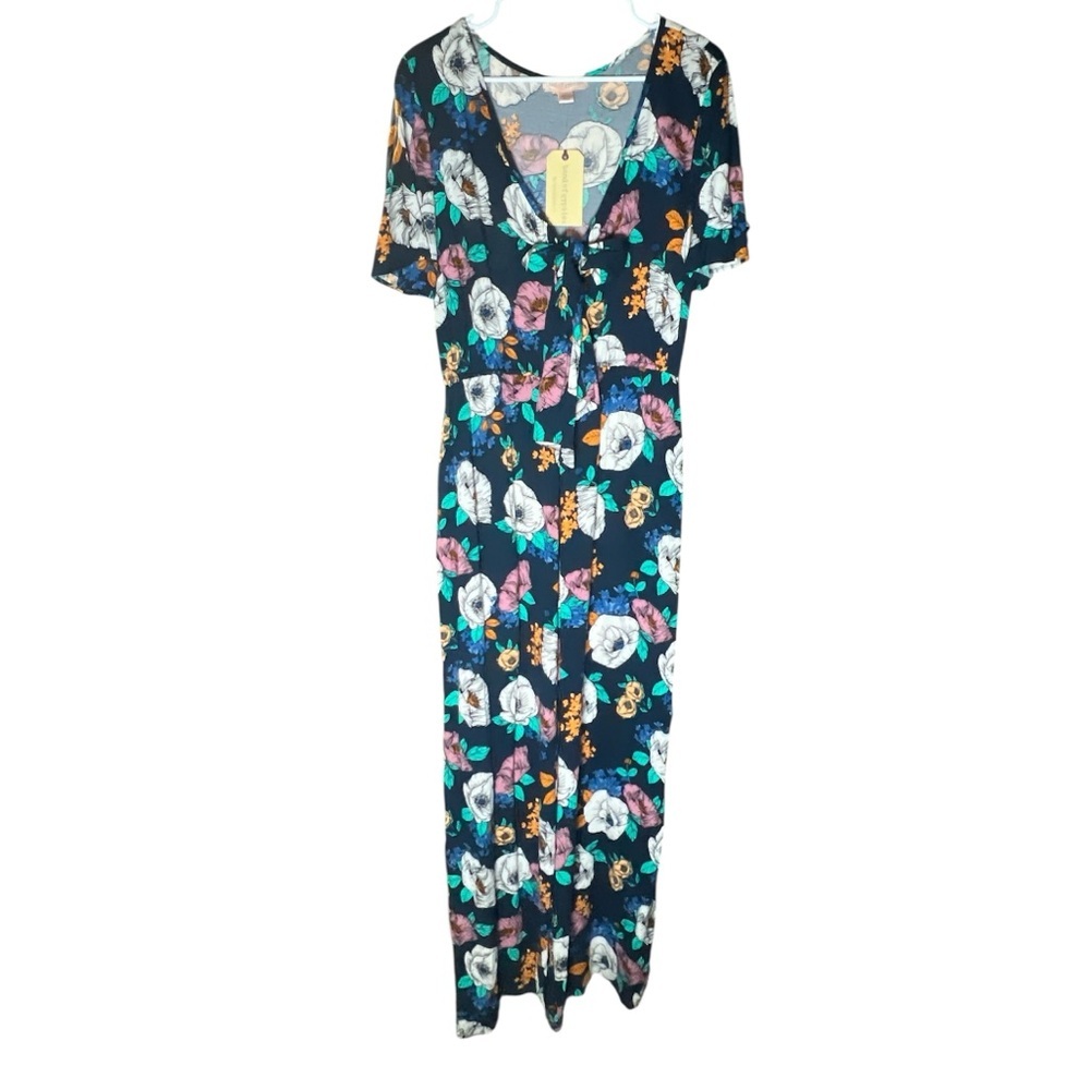 Band of Gypsies Blue and Yellow Floral tie front wide leg Jumpsuit women’s L